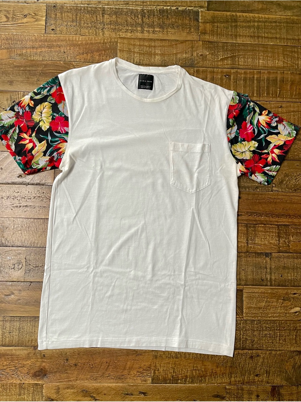Zara White Tee with Red & Green Floral Sleeves